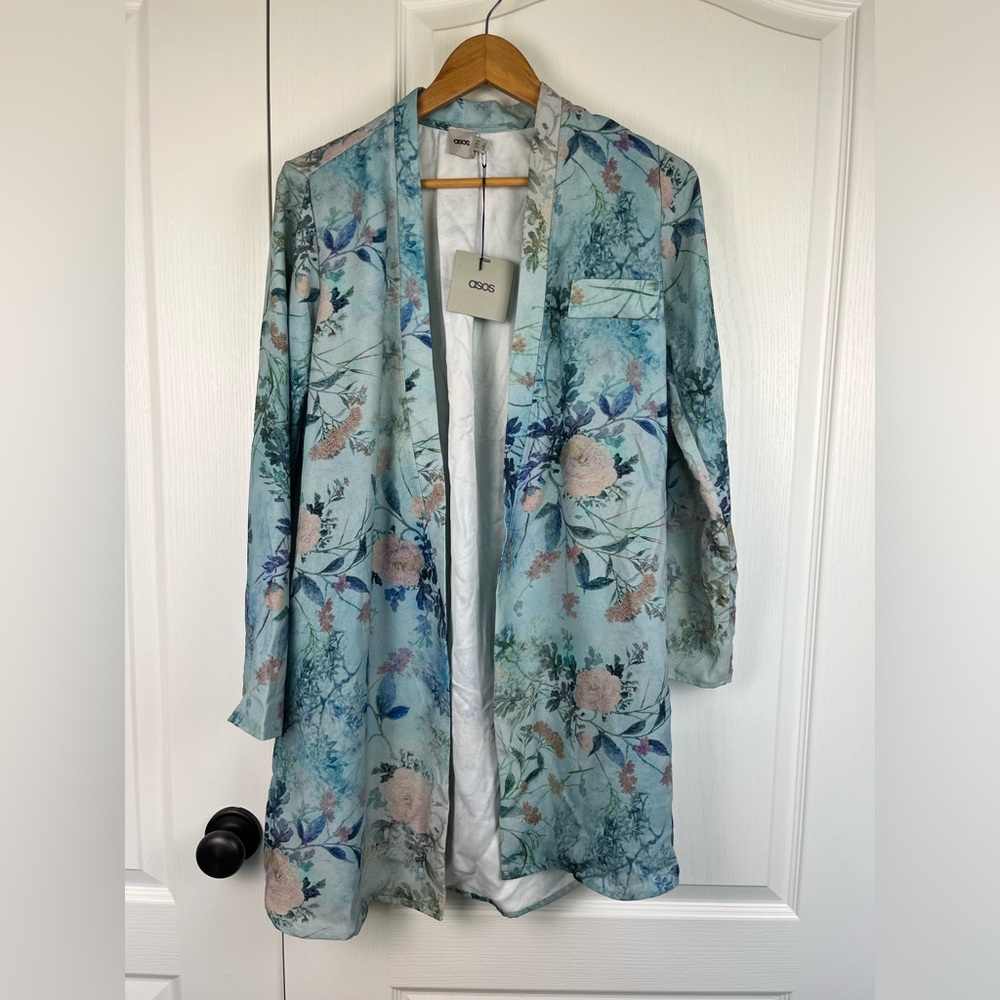 ASOS Longline Lightweight Jacket NWT Size 8 Watercolor Floral Pockets Open front